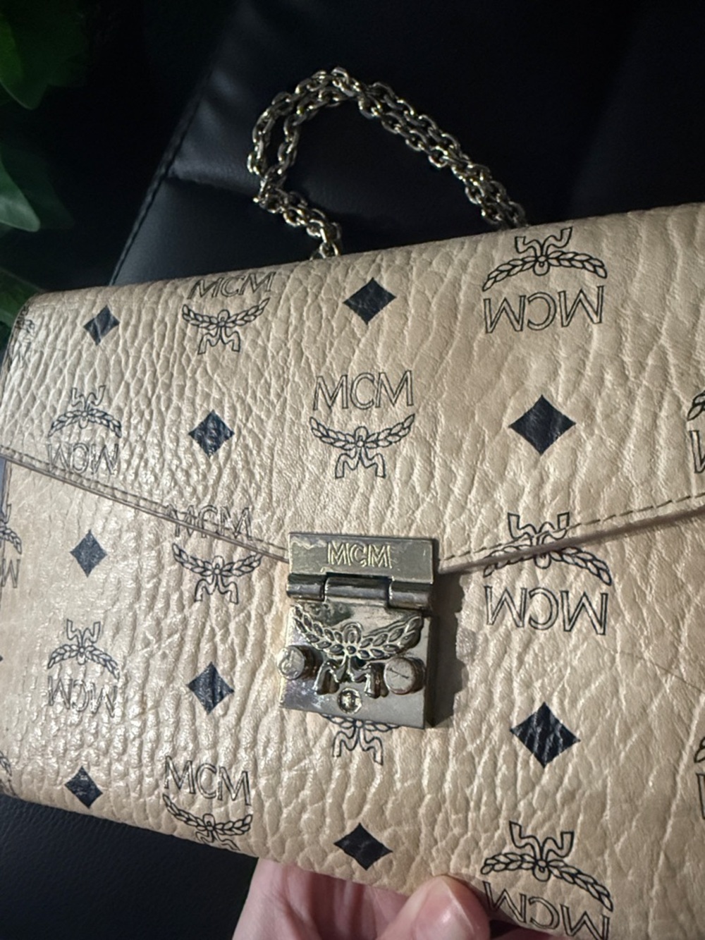 MCM Beige Monogram Chain Crossbody Bag with Gold Hardware - Picture 2 of 9